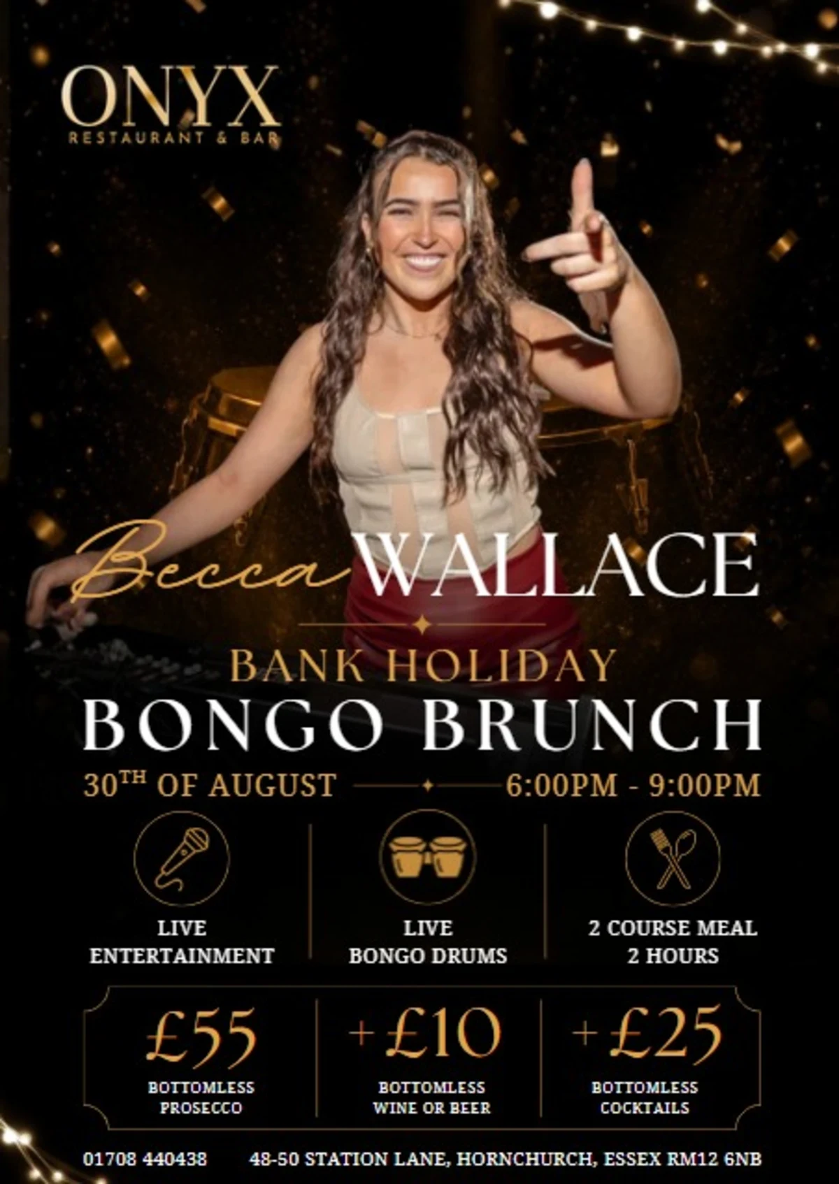 Bank Holiday Bongo Brunch poster with Becca Wallace at Onyx